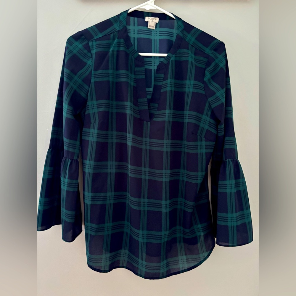 J. Crew Green Navy Blue Tartan Plaid Bell Sleeve Popover Size S Preppy Holiday